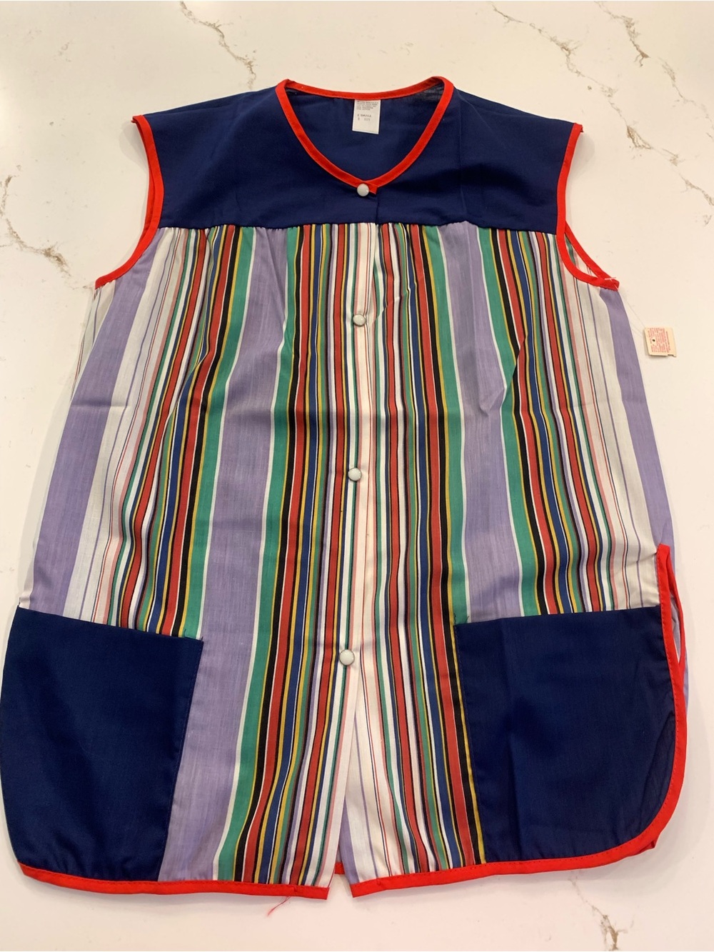 Vintage 60s House Coat Blouse Bright Striped Navy Blue Colorblock Snap Front NEW